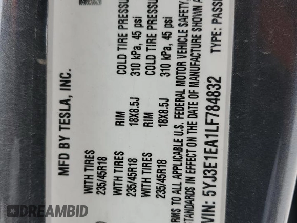 2020 Tesla Model 3 Standard Range Plus z VIN 5YJ3E1EA1LF784832, wystawiony jako Copart lot #57912995 z przebiegiem 77 665 mil mil oraz Szkoda całkowita • Salvage title. Historia ofert i sprzedaży dostępna na DreamBid. Obrazek 12.