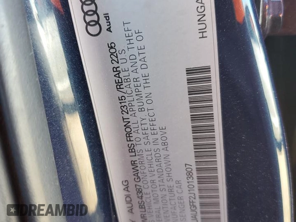 2018 Audi A3 Sedan Premium with VIN WAUAUGFF2J1013807, listed as a Copart auction lot 40755644 with 71,938 mi miles. Bid and sale history available at carsss.com. Image 13.