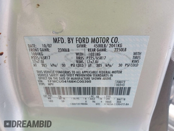 2008 Ford Escape Limited with VIN 1FMCU04168KC00395, listed as a IAAI auction lot 41695486 with 240,242 mi miles and . Bid and sale history available at DreamBid. Image 9.
