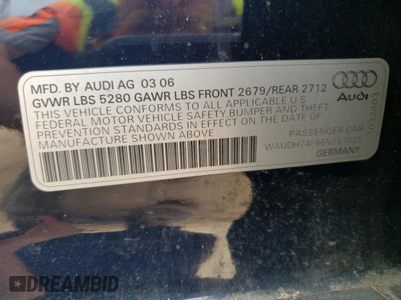2006 Audi A6 3.2L z VIN WAUDH74F66N157025, wystawiony jako Copart lot #54390755 z przebiegiem 138 891 mil mil oraz Szkody całkowita. Historia ofert i sprzedaży dostępna na DreamBid. Obrazek 12.