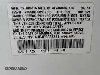 2014 Honda Pilot EX-L with VIN 5FNYF4H54EB037361, listed as a Copart auction lot 51443025 with 181,073 mi miles and Clean Title. Bid and sale history available at DreamBid. Image 13.