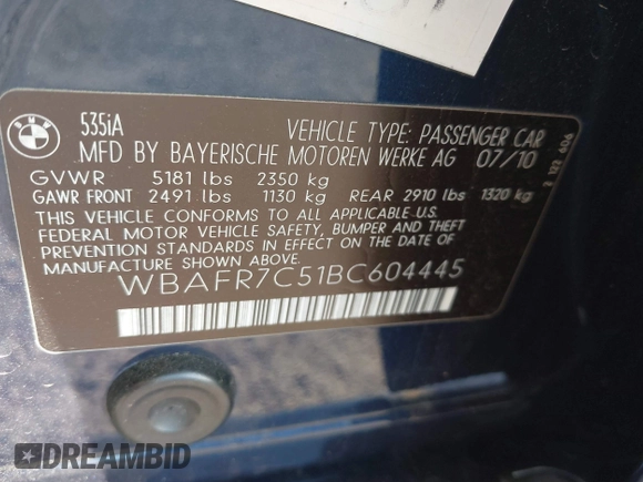2011 BMW 5 Series 535i with VIN WBAFR7C51BC604445, listed as a IAAI auction lot 41980493 with 184,243 mi miles and . Bid and sale history available at carsss.com. Image 9.