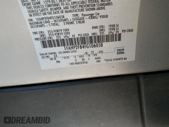 2015 Ford Taurus Limited с VIN 1FAHP2F84FG106058, выставлен на аукционе Copart как лот 57621355 с пробегом 130 582 миль миль и Списание • Salvage title. История ставок и продаж доступна на DreamBid. Изображение 12.