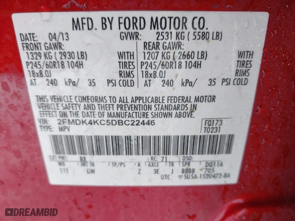 2013 Ford Edge Limited with VIN 2FMDK4KC5DBC22446, listed as a IAAI auction lot 41482475 with 122,434 mi miles. Bid and sale history available at carsss.com. Image 9.