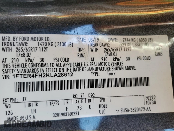 2019 Ford Ranger XL with VIN 1FTER4FH2KLA28612, listed as a Copart auction lot 60520835 with 73,127 mi miles and Salvage title. Bid and sale history available at DreamBid. Image 12.