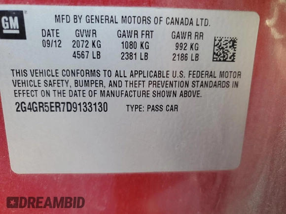 2013 Buick Regal with VIN 2G4GR5ER7D9133130, listed as a Copart auction lot 82156224 with 106,212 mi miles and Salvage Title. Bid and sale history available at carsss.com. Image 12.