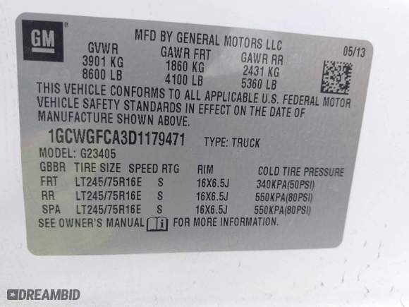 2013 Chevrolet Express Cargo Van with VIN 1GCWGFCA3D1179471, listed as a IAAI auction lot 38977519 with 113,094 mi miles. Bid and sale history available at carsss.com. Image 9.