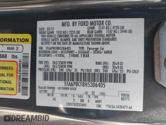 2017 Ford Mustang GT with VIN 1FA6P8CF8H5306405, listed as a IAAI auction lot 42231494 with 70,643 mi miles and . Bid and sale history available at DreamBid. Image 9.