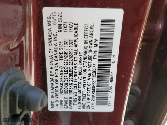 2015 Honda CR-V EX with VIN 2HKRM3H53FH536577, listed as a Copart auction lot 51825685 with 53,766 mi miles and Salvage Title. Bid and sale history available at carsss.com. Image 14.