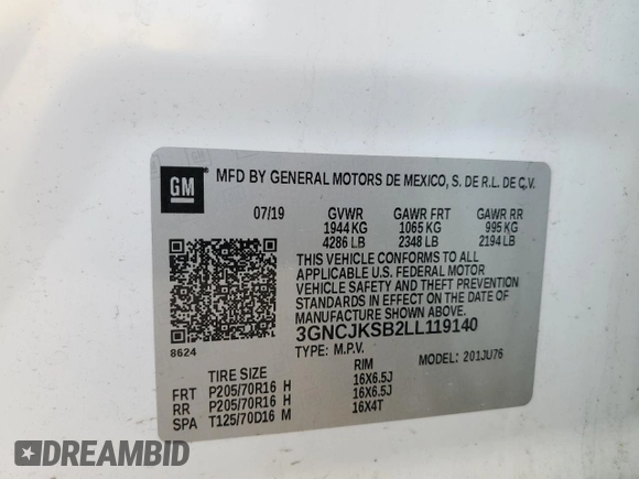 2020 Chevrolet Trax LS z VIN 3GNCJKSB2LL119140, wystawiony jako Copart lot #54977365 z przebiegiem 60 697 mil mil oraz Szkoda całkowita • Salvage title. Historia ofert i sprzedaży dostępna na DreamBid. Obrazek 13.