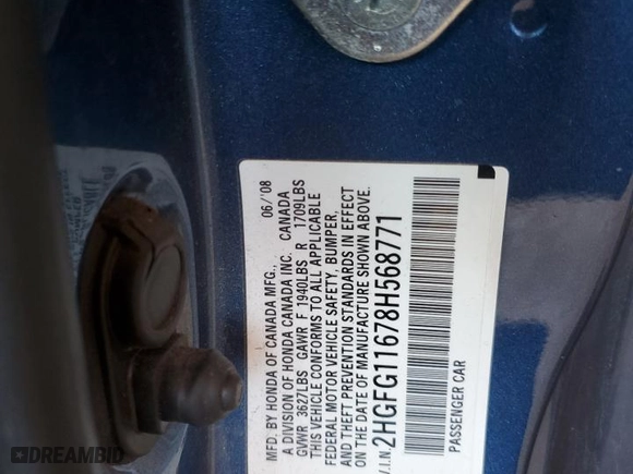 2008 Honda Civic Cpe LX with VIN 2HGFG11678H568771, listed as a Copart auction lot 49667225 with 204,734 mi miles and Salvage Title. Bid and sale history available at carsss.com. Image 12.