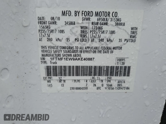2010 Ford F-150 XL with VIN 1FTMF1EW9AKE40887, listed as a Copart auction lot 87595615 with 161,115 mi miles and Clean Title. Bid and sale history available at DreamBid. Image 12.