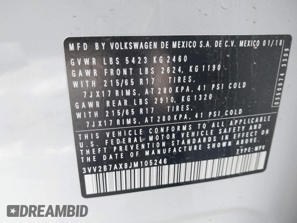 2018 Volkswagen Tiguan SEL with VIN 3VV2B7AX8JM105246, listed as a IAAI auction lot 41906838 with 110,749 mi miles and . Bid and sale history available at DreamBid. Image 9.