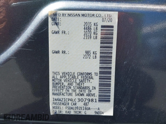 2020 Nissan LEAF SV with VIN 1N4AZ1CP4LC307981, listed as a IAAI auction lot 42068236 with 32,488 mi miles and . Bid and sale history available at DreamBid. Image 9.