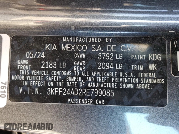 2024 Kia Forte LXS with VIN 3KPF24AD2RE799085, listed as a Copart auction lot 52155725 with 17,527 mi miles and Salvage Title. Bid and sale history available at carsss.com. Image 13.