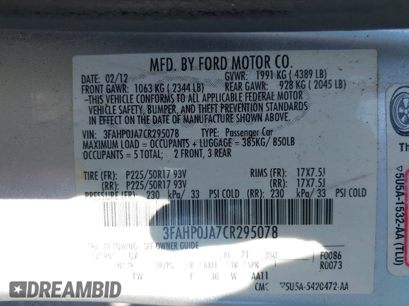 2012 Ford Fusion SEL with VIN 3FAHP0JA7CR295078, listed as a IAAI auction lot 42152639 with 162,887 mi miles. Bid and sale history available at carsss.com. Image 9.