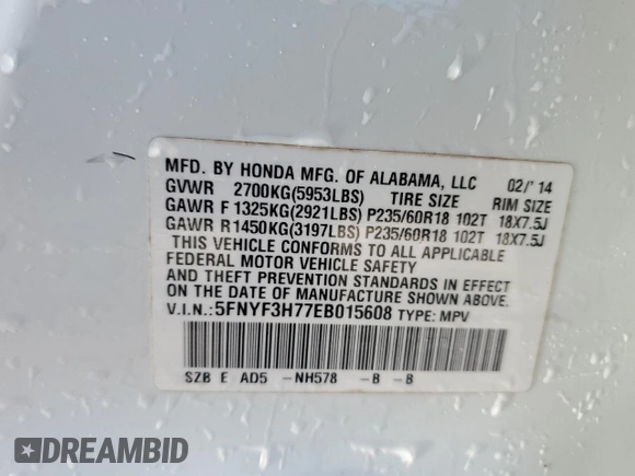 2014 Honda Pilot EX-L with VIN 5FNYF3H77EB015608, listed as a Copart auction lot 43647195 with 59,365 mi miles and Salvage Title. Bid and sale history available at DreamBid. Image 13.