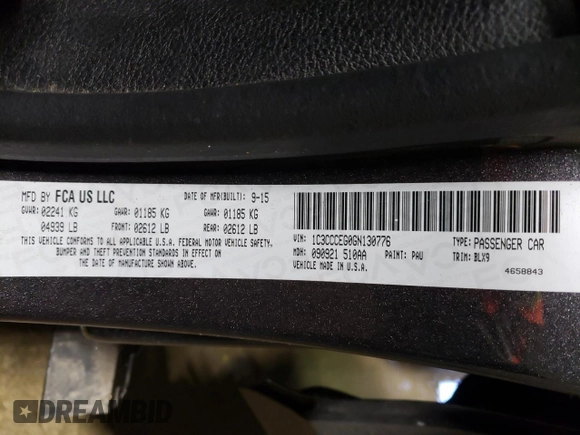 2016 Chrysler 200 C with VIN 1C3CCCEG0GN130776, listed as a Copart auction lot 48856735 with 77,090 mi miles and Salvage Title. Bid and sale history available at carsss.com. Image 13.