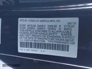 2019 Honda Accord Sedan Sport 1.5T with VIN 1HGCV1F38KA121606, listed as a IAAI auction lot 41382047 with 60,685 mi miles. Bid and sale history available at carsss.com. Image 9.