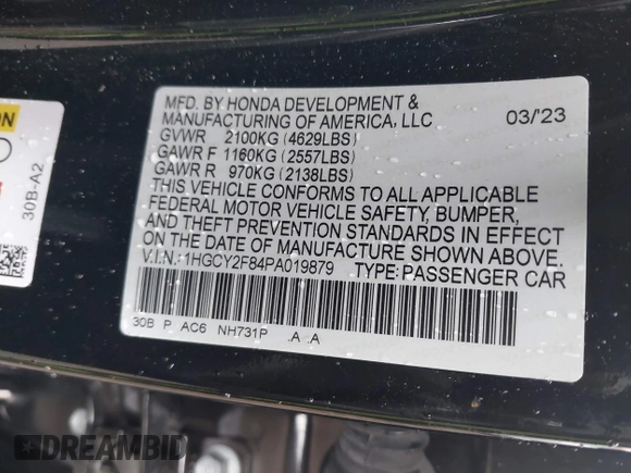 2023 Honda Accord Touring with VIN 1HGCY2F84PA019879, listed as a IAAI auction lot 41653979 with 25,125 mi miles and . Bid and sale history available at DreamBid. Image 9.