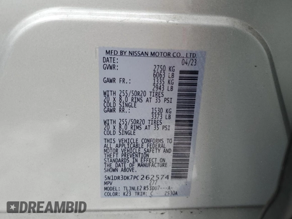2023 Nissan Pathfinder Platinum with VIN 5N1DR3DK7PC262574, listed as a Copart auction lot 44063835 with 13,480 mi miles and Salvage title. Bid and sale history available at DreamBid. Image 13.
