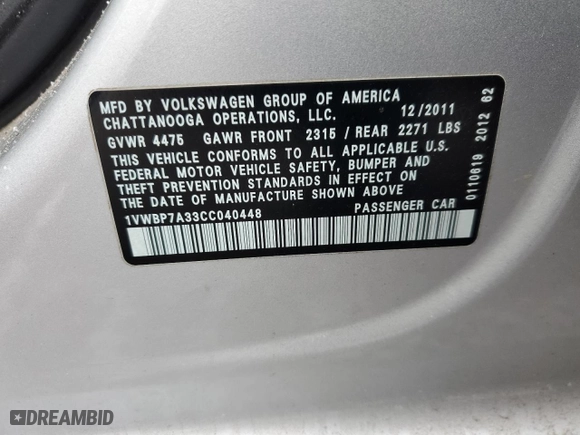 2012 Volkswagen Passat SE with VIN 1VWBP7A33CC040448, listed as a Copart auction lot 46182435 with 118,754 mi miles and Salvage Title. Bid and sale history available at carsss.com. Image 12.