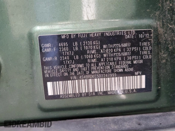 2013 Subaru Outback Limited с VIN 4S4BRDKC5D2247999, выставлен на аукционе Copart как лот 58435605 с пробегом 143 692 миль миль и Списание • Salvage title. История ставок и продаж доступна на DreamBid. Изображение 13.