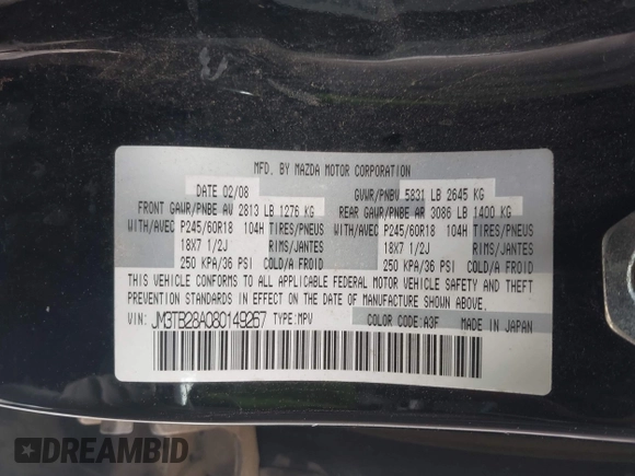 2008 Mazda CX-9 Grand Touring with VIN JM3TB28A080149267, listed as a IAAI auction lot 42142417 with 190,690 mi miles and . Bid and sale history available at carsss.com. Image 9.