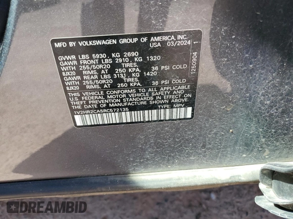 2024 Volkswagen Atlas SE with VIN 1V2HR2CA5RC572135, listed as a Copart auction lot 57635285 with 29,441 mi miles and Non repairable. Bid and sale history available at DreamBid. Image 13.