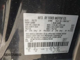 2022 Ford Mustang Mach-E Premium with VIN 3FMTK3SU4NMA23838, listed as a IAAI auction lot 40509920 with Not Provided miles and . Bid and sale history available at DreamBid. Image 9.