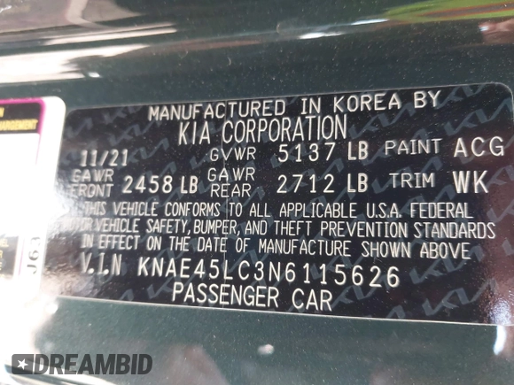 2022 Kia Stinger GT1 with VIN KNAE45LC3N6115626, listed as a IAAI auction lot 41757758 with 22,647 mi miles and . Bid and sale history available at DreamBid. Image 9.