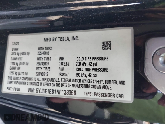 2022 Tesla Model 3 Long Range with VIN 5YJ3E1EB1NF133356, listed as a IAAI auction lot 41568303 with 73,406 mi miles and . Bid and sale history available at DreamBid. Image 9.