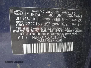 2010 Hyundai Elantra GLS z VIN KMHDU4AD3AU160376, wystawiony jako IAAI lot #42263482 z przebiegiem 202 358 mil mil oraz . Historia ofert i sprzedaży dostępna na DreamBid. Obrazek 9.