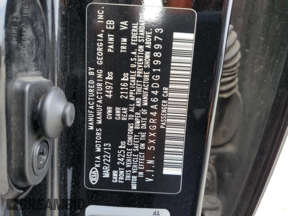 2013 Kia Optima SX with VIN 5XXGR4A64DG198973, listed as a Copart auction lot 51208055 with 128,526 mi miles and Salvage Title. Bid and sale history available at carsss.com. Image 12.