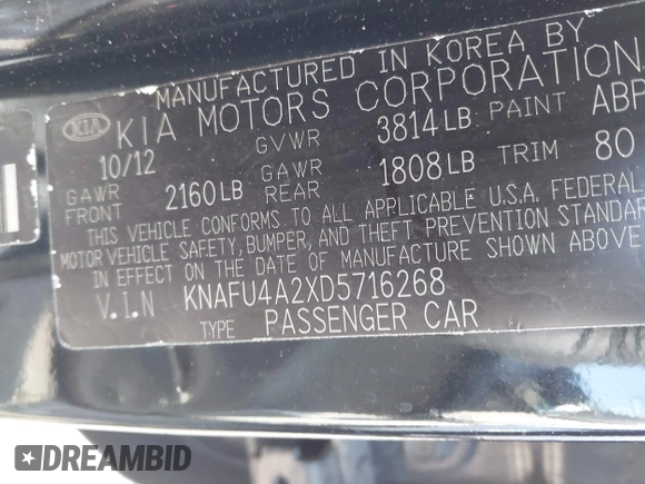 2013 Kia Forte EX with VIN KNAFU4A2XD5716268, listed as a IAAI auction lot 41836757 with 123,481 mi miles. Bid and sale history available at carsss.com. Image 9.