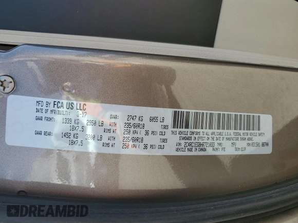 2017 Chrysler Pacifica Touring L Plus with VIN 2C4RC1EG8HR721033, listed as a Copart auction lot 52007375 with 85,287 mi miles and Salvage Title. Bid and sale history available at DreamBid. Image 13.