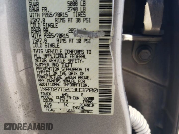 2002 Nissan Frontier SE with VIN 1N6ED27T52C383700, listed as a Copart auction lot 86204074 with 216,908 mi miles and Salvage title. Bid and sale history available at DreamBid. Image 12.