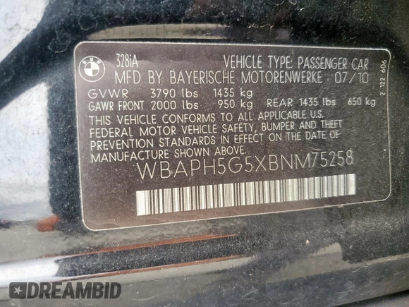 2011 BMW 3 Series 328i with VIN WBAPH5G5XBNM75258, listed as a Copart auction lot 59031885 with 107,263 mi miles and Clean title. Bid and sale history available at DreamBid. Image 12.