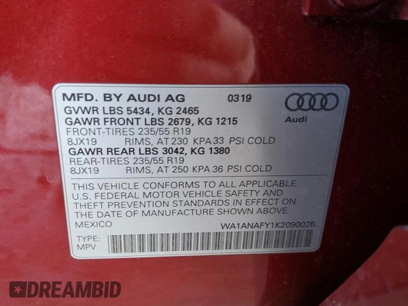 2019 Audi Q5 Premium with VIN WA1ANAFY1K2090026, listed as a Copart auction lot 87331384 with 72,317 mi miles and Clean Title. Bid and sale history available at carsss.com. Image 12.