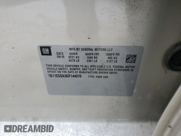 2016 Chevrolet Malibu LT with VIN 1G11C5SA3GF144978, listed as a Copart auction lot 45845095 with Not Provided miles and Non Repairable. Bid and sale history available at DreamBid. Image 12.