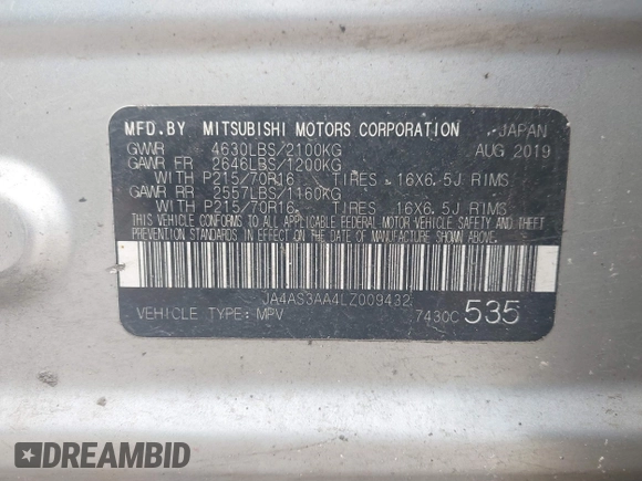 2020 Mitsubishi Eclipse Cross ES z VIN JA4AS3AA4LZ009432, wystawiony jako IAAI lot #41740151 z przebiegiem 75 512 mil mil oraz . Historia ofert i sprzedaży dostępna na DreamBid. Obrazek 9.