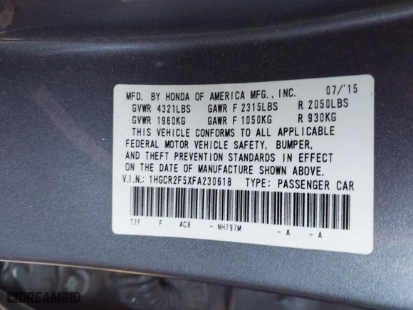 2015 Honda Accord Sedan Sport with VIN 1HGCR2F5XFA230618, listed as a IAAI auction lot 41333045 with 123,034 mi miles. Bid and sale history available at carsss.com. Image 9.