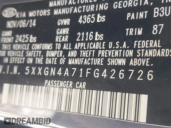 2015 Kia Optima EX with VIN 5XXGN4A71FG426726, listed as a IAAI auction lot 41341272 with 114,298 mi miles. Bid and sale history available at carsss.com. Image 9.