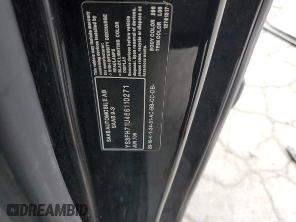 2006 Saab 9-3 Aero z VIN YS3FH71U466110271, wystawiony jako Copart lot #87414054 z przebiegiem Nie podano mil oraz Szkoda całkowita • Salvage title. Historia ofert i sprzedaży dostępna na DreamBid. Obrazek 12.