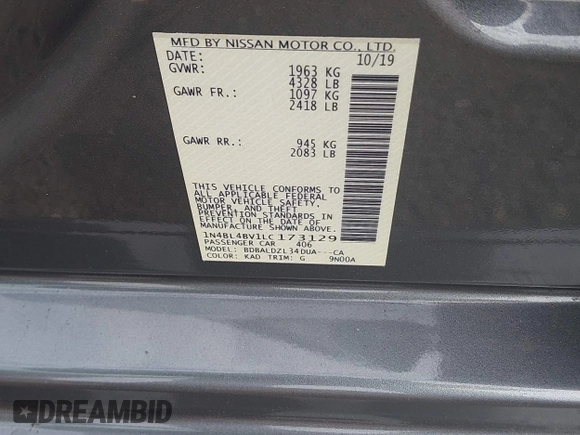 2020 Nissan Altima 2.5 S with VIN 1N4BL4BV1LC173129, listed as a IAAI auction lot 42120196 with 48,904 mi miles and . Bid and sale history available at carsss.com. Image 9.