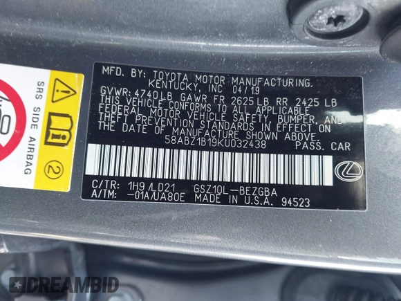 2019 Lexus ES 350 with VIN 58ABZ1B19KU032438, listed as a IAAI auction lot 42583482 with 18,474 mi miles and . Bid and sale history available at DreamBid. Image 9.