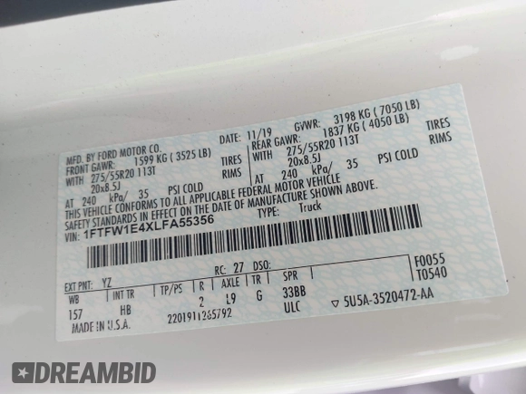 2020 Ford F-150 XL with VIN 1FTFW1E4XLFA55356, listed as a IAAI auction lot 42225427 with 56,865 mi miles and . Bid and sale history available at DreamBid. Image 9.