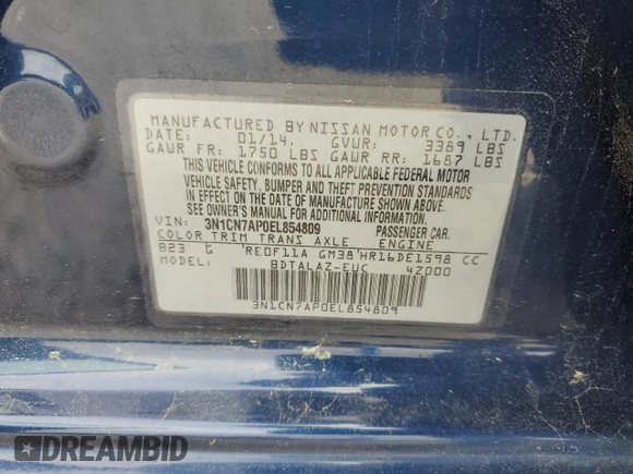 2014 Nissan Versa SV with VIN 3N1CN7AP0EL854809, listed as a Copart auction lot 53725955 with 112,533 mi miles and Salvage Title. Bid and sale history available at DreamBid. Image 12.
