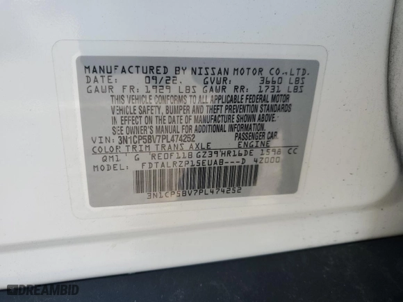 2023 Nissan Kicks S with VIN 3N1CP5BV7PL474252, listed as a Copart auction lot 48322485 with 37,994 mi miles and Salvage Title. Bid and sale history available at carsss.com. Image 14.