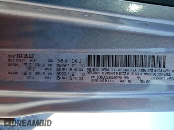 2019 Jeep Wrangler Unlimited Sport with VIN 1C4HJXDG9KW561720, listed as a Copart auction lot 44467445 with 69,290 mi miles and Salvage title. Bid and sale history available at DreamBid. Image 16.
